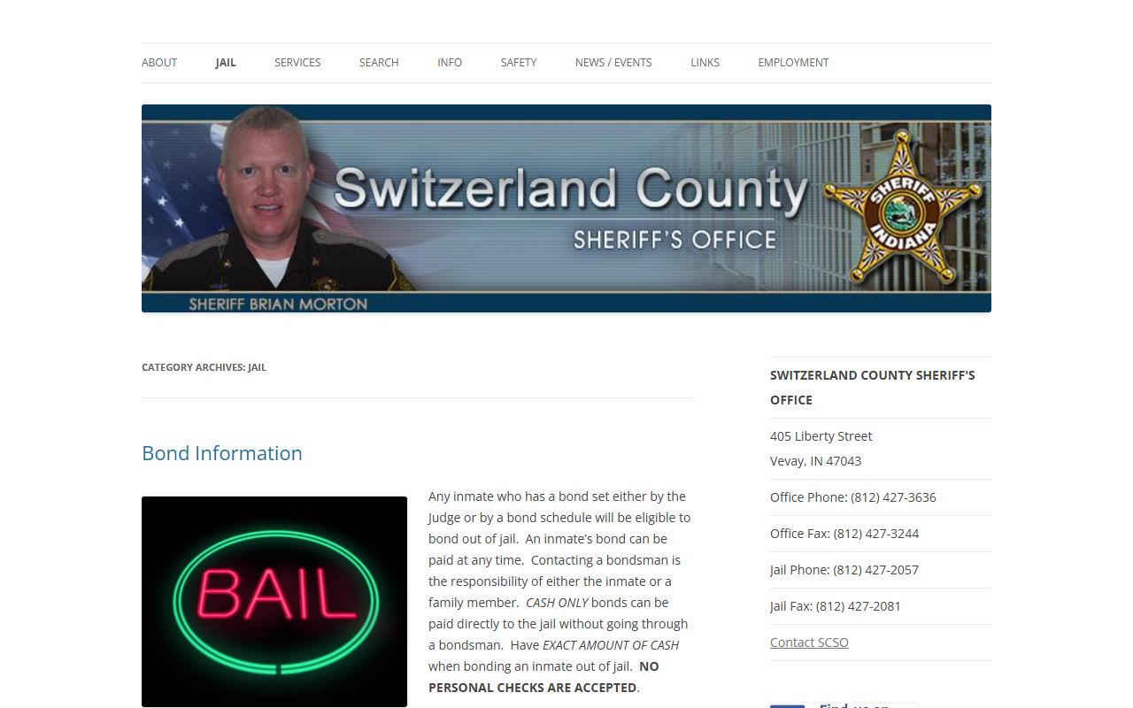 Switzerland County sheriff jail rules page with visitation and commissary information
